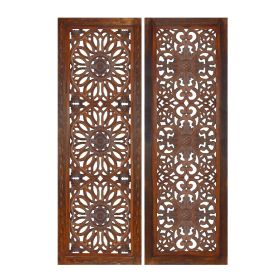 Set of 2 Hand Carved Mango Wood Wall Panels: Burnt Brown Medallion Design