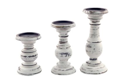 Taki Turned Design Wooden Candle Holder with Distressed Details, Set of 3, White