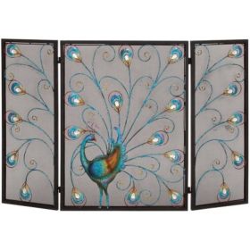 Peacock Theme Metal 3 Panel Mesh Fireplace Screen, Multicolor