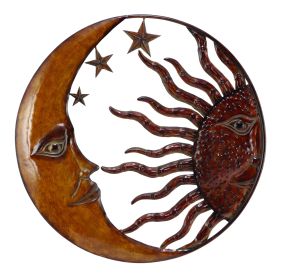21 Inch Handcrafted Sun and Moon Accent Wall Decor, Round Metal Wall Mount, Rustic Gold, Bronze
