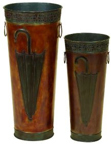 21, 16 Inch Metal Umbrella Stands, Black Engraved Artwork, Set of 2, Orange