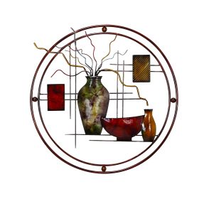 22 Inch Round Metal Wall Decor With Vase, Multicolor