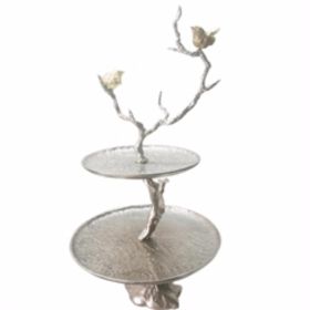 Impressively Designed Iron Branch 2 Tiered Tray, Silver