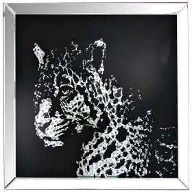 Square Shape Mirror framed Leopard Wall Decor With Crystal Inlays, Black & Silver