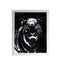 Rectangular Mirror framed Tiger Wall Decor With Crystal Inlays, Black & Silver