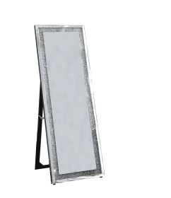 Faux Crystal Accented Wooden Framed Floor Mirror with Fold Out Back Leg Support, Clear