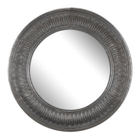 Round Wall Mirror with Thick Embossed Metal Border, Antique Gray