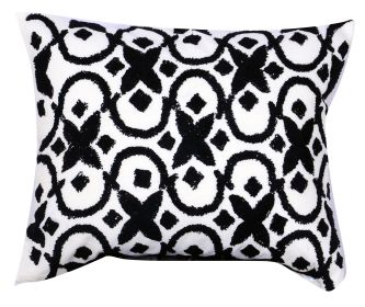 20 x 16 Inch Cotton Pillow with Geometric Embroidery, White and Black