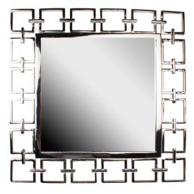 Modern Style Metal Openwork Square Framed Mirror, Silver