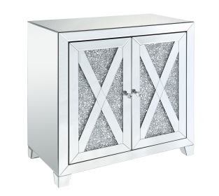 Storage Cabinet with Mirror Trim and X Shape Design, Silver