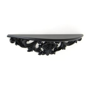 Hand Carved Wooden Moonbay Wall Shelf in Floral Design, Black