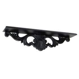 Hand Carved Wooden Wall Shelf with Floral Design Display, Black