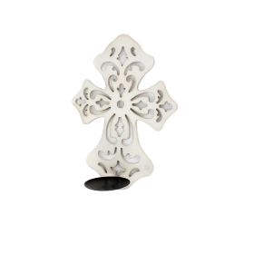 Cross Shaped Wooden Candle Holder Set of 2 with Scrolled Engravings, White