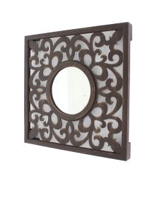Set of 2 Wooden Frame Square Wall Mirror with Floral cut Out Design, Espresso