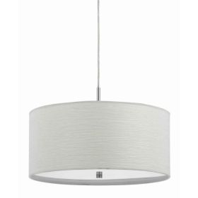 Drum Style Pendant Fixture with Fabric Shade and Brushed Details, White