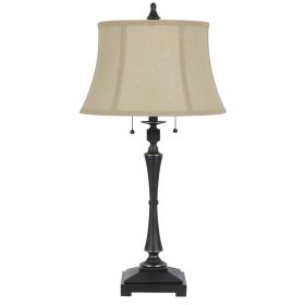 Metal Body Table Lamp with Fabric Tapered Bell Shade, Beige and Black