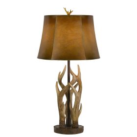 150 Watt Leatherette Shade Table Lamp with Antler Polyresin Base, Brown