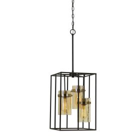 Rectangular Open Cage Design Pendant with Cylindrical Glass Shade, Black