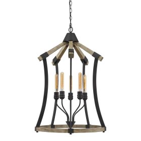 5 Bulb Pendant Fixture with Wooden and Metal Frame, Brown and Black