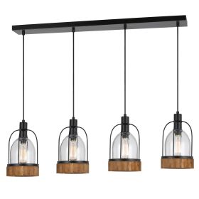 Metal Pendant Fixture with 4 Lantern Design Glass Shade, Black and Clear