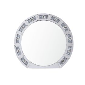 Round Mirror Panel Wall Decor with Light Function and Faux Diamond, Silver