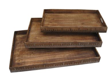 Wooden Tray with Grain Details and Cut Out Handles, Set of 3, Brown