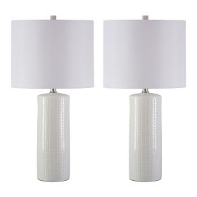 Carved Ceramic Base Table Lamp with Drum Shade, Set of 2, White