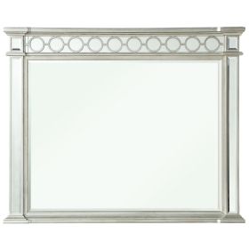 Wooden Raised Geometric Pattern Frame Mirror with Beveled Edges, Silver