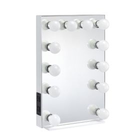 24 Inch Modern Lighted Mirror, 2 Power Outlets, 12 Bulb Sockets, White