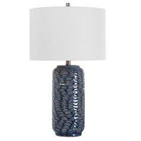 27 Inch Ceramic Table Lamp, Wavy Texture, Blue, Silver, White