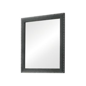 Cale 40 Inch Modern Portrait Mirror, Velvet Upholstery, Nailhead Trim, Gray