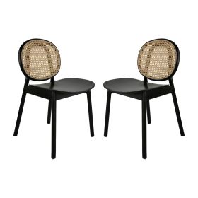 Ada 24 Inch Dining Chair, Cane Rattan Back, Beech Wood, Set of 2, Black