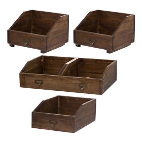 19, 13, 10 Inch Fir Wood Box, Set of 4 with Metal Handles, Antique Brown