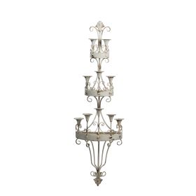 16 Inch Wall Mount Candle Holder, Ornately Scrolled White Metal Finish