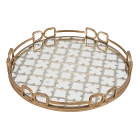 Sui 16 Inch Round Serving Tray, Glass Bottom and Gold Geometric Frame