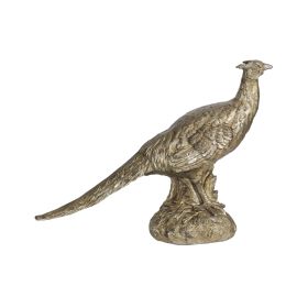 20 Inch Bird Sculpture Decor, Perched Pheasant, Antique Gold Resin