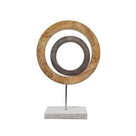 18 Inch Accent Decor, Concentric Rings, Brown Mango Wood on a Marble Base
