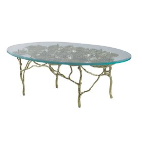 47 Inch Artisanal Coffee Table with Metal Frame, Oval Clear Glass Top, Gold