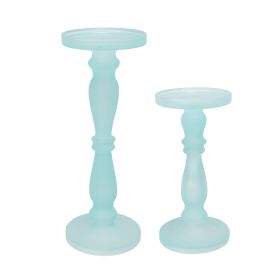 Qui 14, 11 Inch Candle Holders, Turned Pedestal, Blue Glass, Set of 2