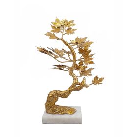 17 Inch Maple Tree Accent Decor with Leaves, Metal on a Marble Base, Gold
