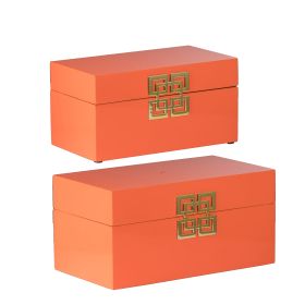Neo 14, 11 Inch Set of 2 Decorative Boxes, Geometric Metal Accents, Orange