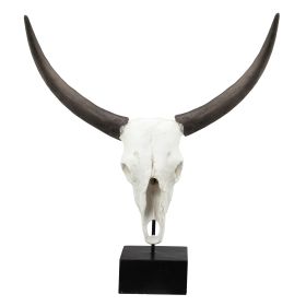 26 Inch Resin Cow Skull Accent Table Decoration, Metal Block Base, White