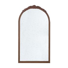 Eel 42 Inch Wall Mirror, Brown Arched Wood Frame, Hand Carved Rose Accent