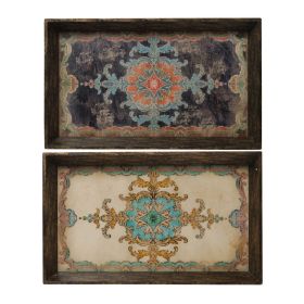 25 Inch Wood Tray, Vintage Style, Distressed Brown Wood Frame, Set of 2