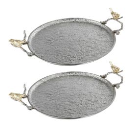 21 Inch Decorative Tray Set of 2, Perched Birds Silver Metal, Large