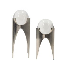 13, 10 Inch Crystal Orb Accent Decor Set of 2, Metal Stand, Art Deco