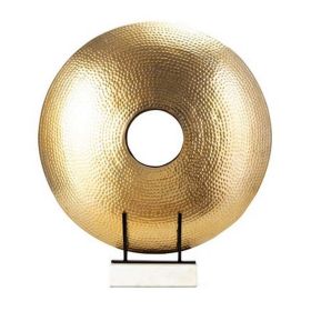 22 Inch Round Statuette, Tabletop Decor, Gold Disk, White Marble Base