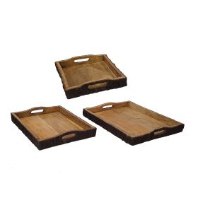 20, 18, 16 Inch Set of 3 Wood Serving Trays, Tree Bark Accent, Natural Brown