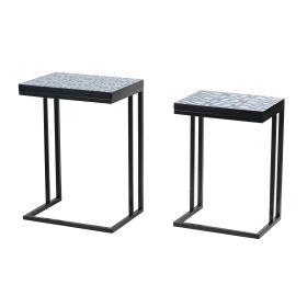 22, 24 Inch Nesting End Tables, Set of 2, Blue And White Pattern Top