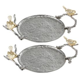 14 Inch Small Decorative Tray Set of 2, Perched Birds, Silver Metal Frame